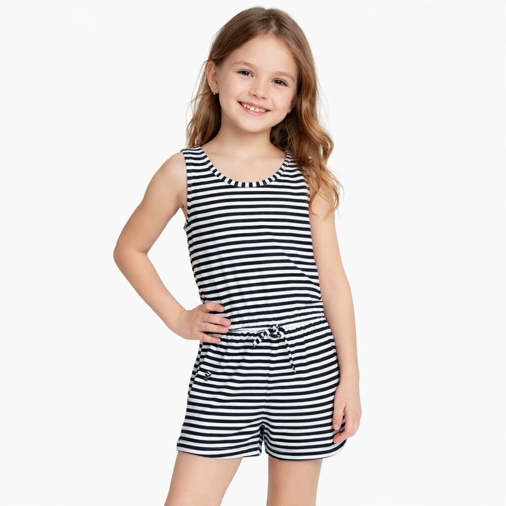 Picapino Girls 8 Striped Romper Navy White Sleeveless Boatneck Drawstring Waist